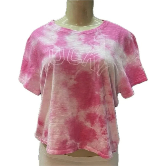 Lucky Brand L Pink Tie-Dye Logo Name Graphic Cotton Short Sleeve Crop Tee - Picture 2 of 6